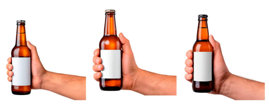 Variety of beer bottles in hand with blank labels for branding or design on transparent background, PNG	