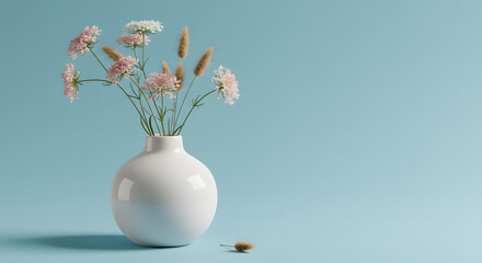 Elegant Pink and White Flowers in a Modern White Vase on a Light Blue Background
