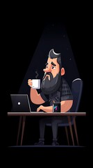 Bearded man sits at a desk with a laptop and coffee.