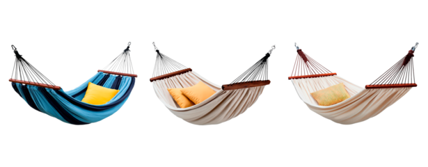Cozy relaxation with colorful hammocks and comfortable pillows on transparent background, PNG	