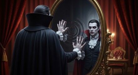 Naklejka premium Vampire in elegant cloak gazing at his reflection in ornate mirror