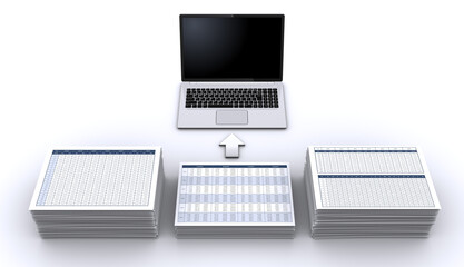 山積みのビジネス資料とノートパソコン、デジタル化のイメージ