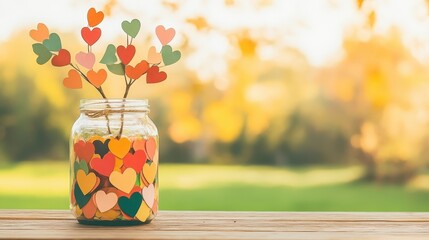 Colorful handmade hearts jar autumn craft decoration. Love symbol and cheerful romance. Autumn paper hearts, multicolored decoration, rustic table, positive arrangement, festive inspiration, creative