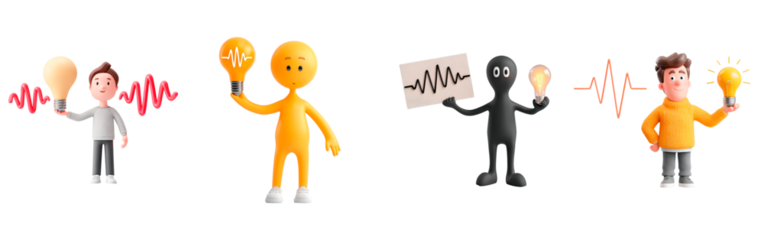 Creative illustration of characters with light bulbs and sound waves for innovative design concepts on transparent background, PNG	