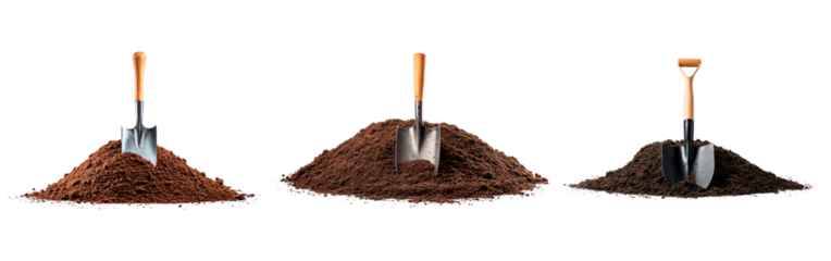 Gardening and agriculture concept with three shovels in soil on transparent background, PNG	