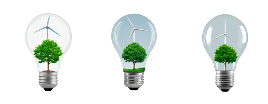 Renewable energy concept with wind turbines and trees inside light bulbs for eco-friendly innovation on transparent background, PNG	