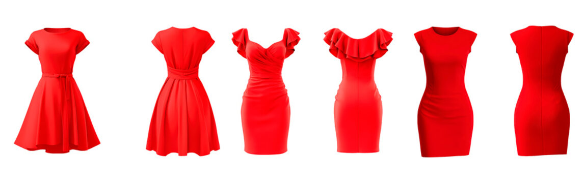 Elegant red dresses collection for fashion design and inspiration on transparent background, PNG	