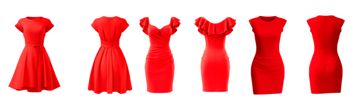Elegant red dresses collection for fashion design and inspiration on transparent background, PNG	