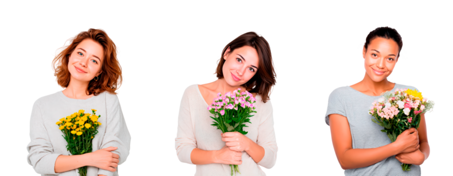 Smiling women holding colorful flower bouquets for celebration and gifting on transparent background, PNG	