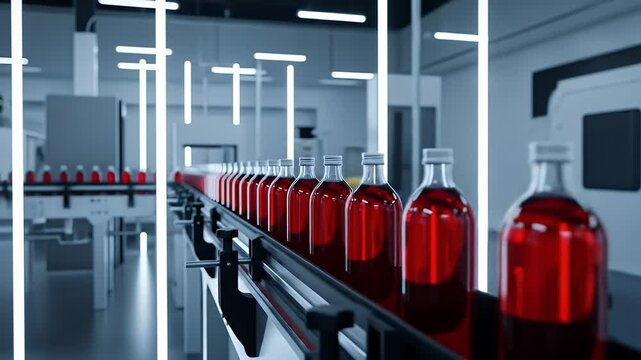 Bottles Moving on Conveyor Belt in Modern Factory Industrial Automation