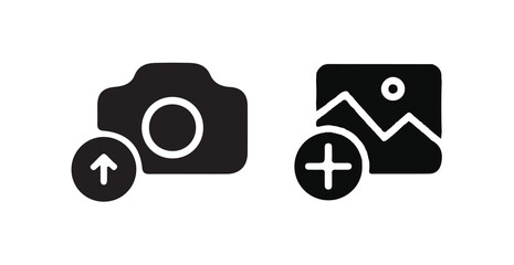 Add photo icon, flat, camera icon with plus, add picture button, Photo icon, vector illustration  eps 10.