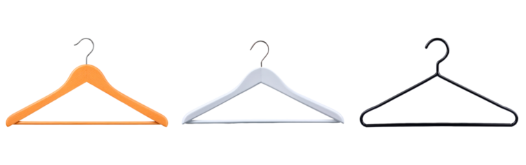 Variety of clothes hangers for organizational and retail display concepts on transparent background, PNG	