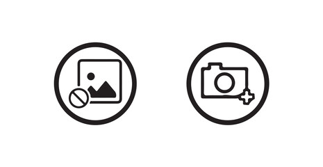 Add Image Icon in Circle Style,  Outline Design, Photo Upload Icon with Plus Sign, Line Art Circle, vector illustration eps 10.