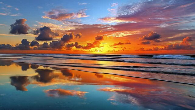Ocean Sunset Symphony: Witness a breathtaking sunset painting the sky with vibrant hues as the ocean mirrors the fiery display. It's a visual ode to nature's artistry.