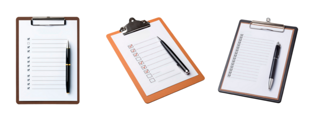 Organized planning tools with pens on checklists for efficient task management on transparent background, PNG	