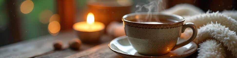 Serene Evening Steaming Herbal Tea, Candlelight, and Cozy Blanket on Wooden Table ? Perfect for Relaxation and Wellness
