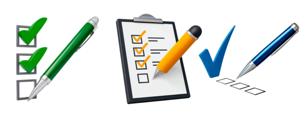 Checklist and writing tools concept for task management and organization on transparent background, PNG	