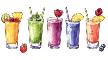Five Colorful Smoothies With Fruits And Berries In Tall Glasses With Straws On A Transparent Background