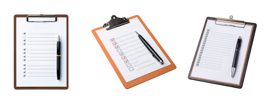 Organized planning tools with pens on checklists for efficient task management on transparent background, PNG	