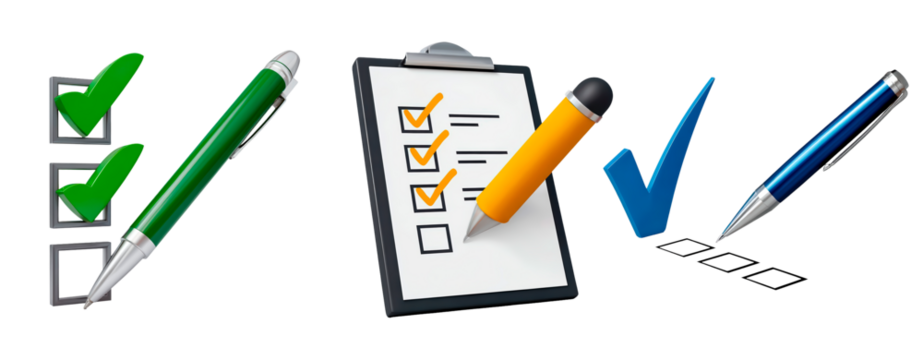 Checklist and writing tools concept for task management and organization on transparent background, PNG	