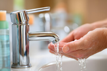Close-up of hands being washed under a modern chrome faucet with running water in a bathroom sink
