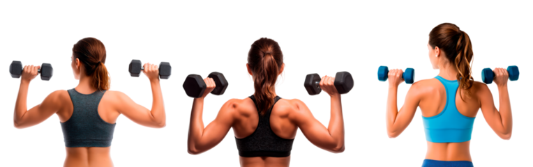 Women exercising with dumbbells for fitness and strength training on transparent background, PNG	