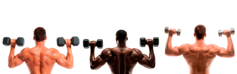 Strength training with dumbbells - back view of three men exercising on transparent background, PNG	