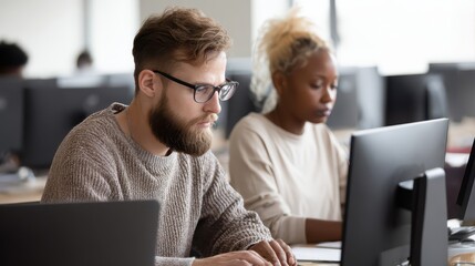 Focused individuals working on computers in a shared space.