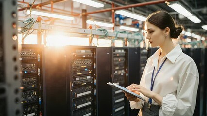IT professional inspecting server room equipment with tablet device - Powered by Adobe