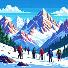 Hikers ascend snowy mountain range