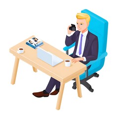 Businessman with camera reviewing images at a desk.