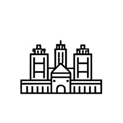 A minimalist line art illustration of a building complex with towers and a central structure.