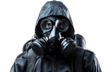 A Man In A Gas Mask And Hooded Jacket Stares Intensely At The Camera The Man's Face Is Obscured By The Mask Which Is Black And Has Two Large Circular Filters On The Sides The Jacket Is Black And Has A