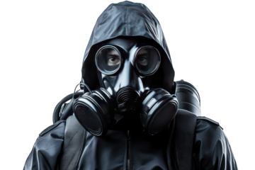 A Man In A Gas Mask And Hooded Jacket Stares Intensely At The Camera The Man's Face Is Obscured By The Mask Which Is Black And Has Two Large Circular Filters On The Sides The Jacket Is Black And Has A
