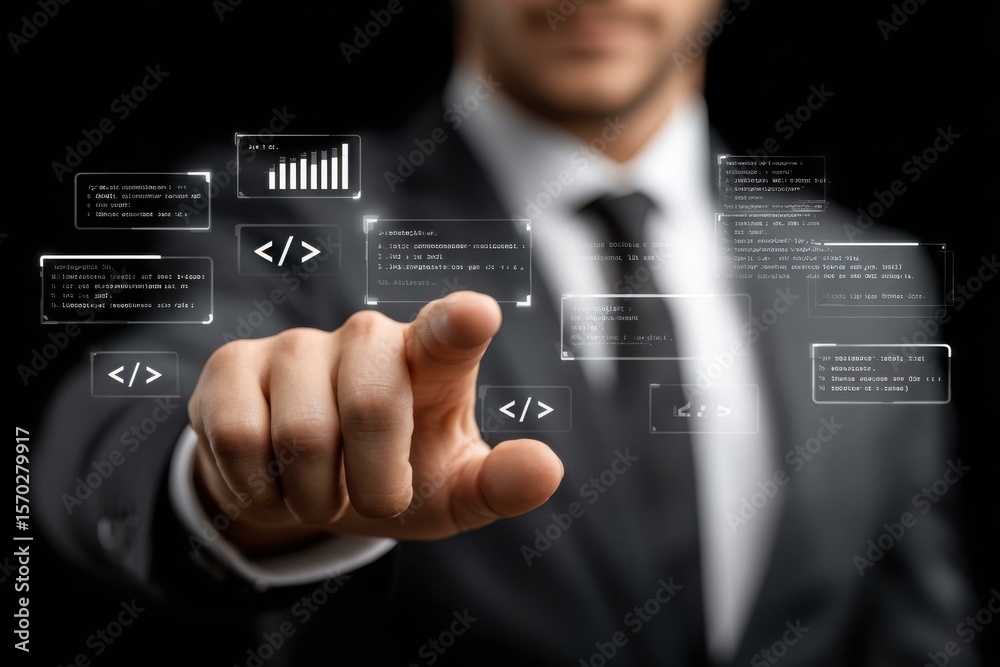 Fototapete businessman interacting with futuristic holographic interface showing programming code