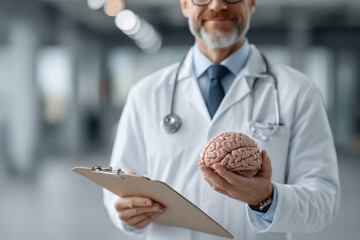 Neurologist Examining a Model of the Human Brain