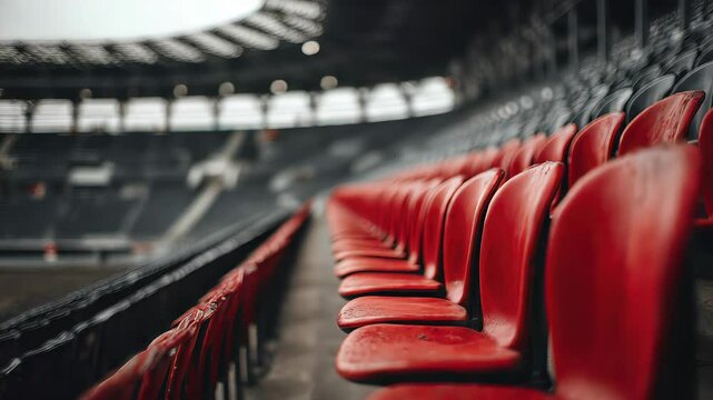 Empty Red Stadium Seats in a Row Under Overcast Sky in Large Outdoor Sports Arena