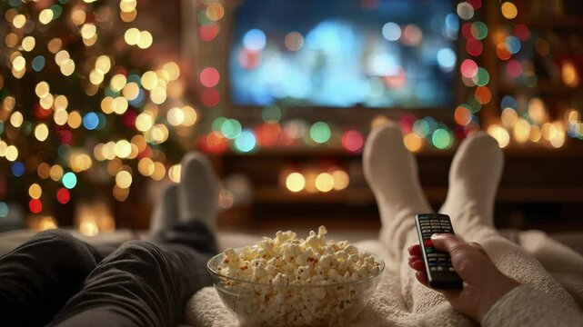 Cozy Living Room During Christmas with Relaxed Couple Watching TV and Holding Remote