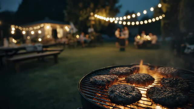 Evening Backyard Barbecue with Burgers Grilling Over Open Flame and Festive String Lights
