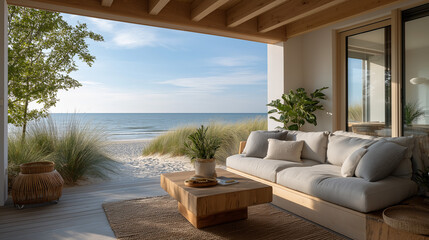 Coastal Living Room: Relaxing ocean view from a beachfront patio with comfortable sofa and wooden coffee table. The sunlight illuminates the scene creating a calm and serene atmosphere.