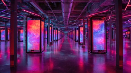 Colorful display columns in a long hall.