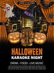 halloween karaoke poster with gold mic with witch hat and pumpkins. halloween karaoke night flyer 