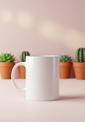 Obraz premium Clean white mug mockup with succulents and soft lighting
