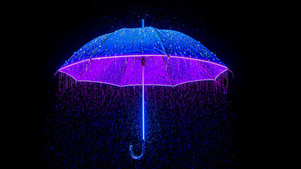 Neon umbrella shimmers in the rainy night
