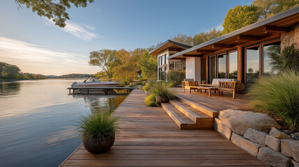 Lakeside Modern Home with Boat: Modern home sits peacefully on the edge of a serene lake, complete with a boat docked at a private pier.