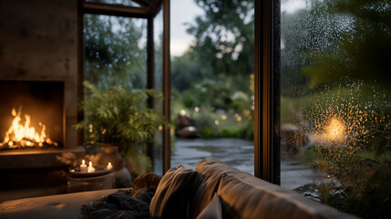 Cozy Cabin Retreat: Rain patters gently against the glass doors of a cozy cabin, while a warm fire crackles invitingly in the fireplace. The tranquil scene offers a perfect escape from the cold.