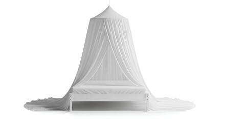 A centered cozy bed canopy in sheer white fabric, displayed on white background