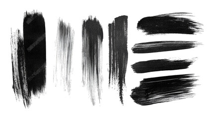 Set Of Black Paint Brushstrokes Isolated On Transparent Background