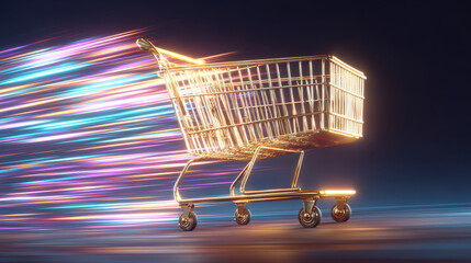 Golden shopping cart symbolizes fast shopping, surrounded by vibrant light trails, creating sense of speed and excitement