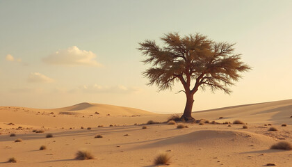 Lone tree in a desolate desert landscape under a clear sky. Represents resilience, survival, nature, or solitude. Stark and symbolic.

